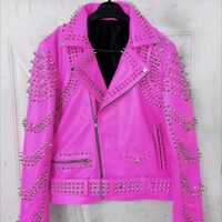 Crafted Leather New Women Punk Pink Silver Long Spiked Studded Brando Biker Leather Jacket - Thumbnail 1