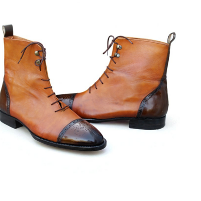 Crafted leather handmade tan dark brown leather ankle high lace up boot - Thumbnail 1