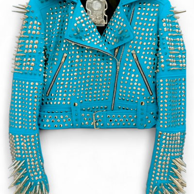 Crafted leather classy women turquoise blue studded jacket with silver studs and spikes - Thumbnail 2
