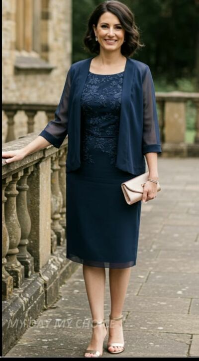 Plus Size Navy Blue Sheath Lace Tea-length Mother of Bride/Groom Dress Evening Formal Gowns