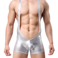 Sexy men's underwear faux leather hot stamping shiny stage performance Jumpsuit bodysuit wrestling singlet NK12 - Thumbnail 1