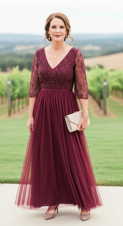 Wine Red Burgunday A Line Lace Mother of Bride/Groom Dress Evening Formal Gowns