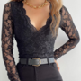 Long Sleeve Women's Black Lace V-Neck Top-1