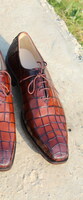 Handmade Brown Crocodile Texture Leather Lace up Dress Shoes - Thumbnail 3
