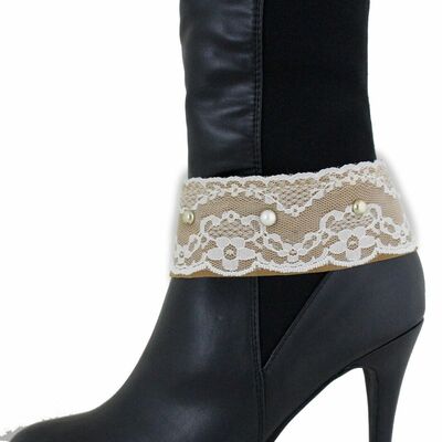 Women boot beige strap shoe charm bracelet white flower lace fabric band