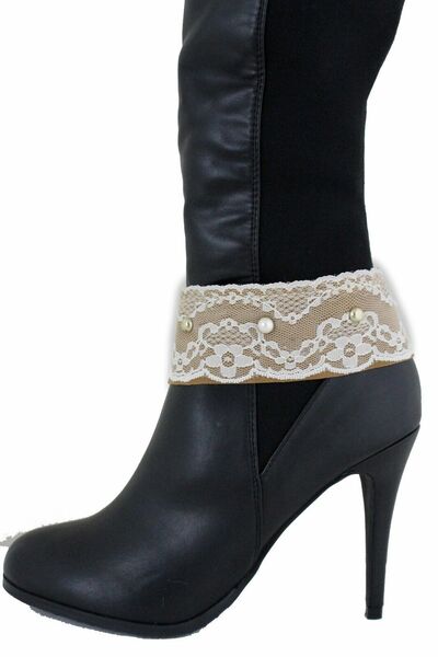 Women Boot Beige Strap Shoe Charm Bracelet White Flower Lace Fabric Band