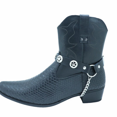 Biker men western boot pair black faux leather 2 straps silver texas star charms
