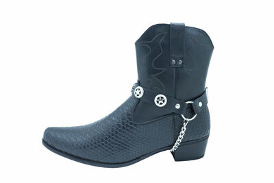 Biker Men Western Boot Pair Black Faux Leather 2 Straps Silver Texas Star Charms