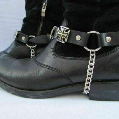 Biker men western boot silver chain pair leather 2 strap church cross charm band
