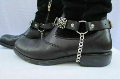 Biker Men Western Boot Silver Chain Pair Leather 2 Strap Church Cross Charm Band