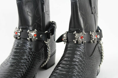 Biker Shoe A Pair Boots Bracelets Chain Black Leather 2 Straps Skull Skeleton