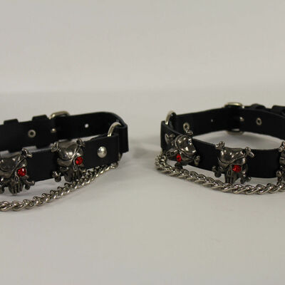 Biker shoe boots 2 bracelets chain black leather skull charm funky pirate death