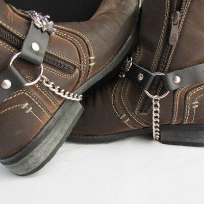 Biker western boot chain pair black fabric straps rose flower punk rocker