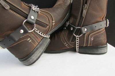 Biker Western Boot Chain Pair Black Fabric Straps Rose Flower Punk Rocker