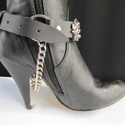 Biker western boot chain pair black leather straps rose flower punk rocker