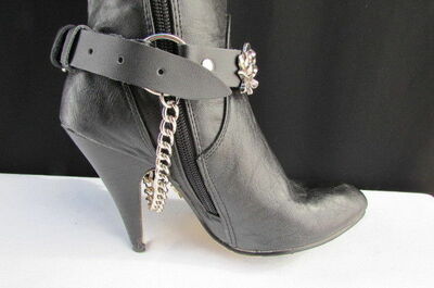 Biker Western Boot Silver Chain Pair Black Leather Strap Rose Flower Bands