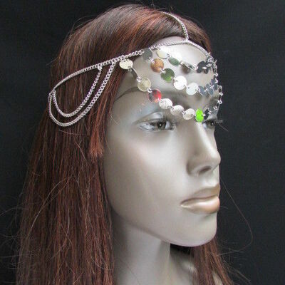 Bling women silver head chain fashion jewerly sparkl front circles belly dance
