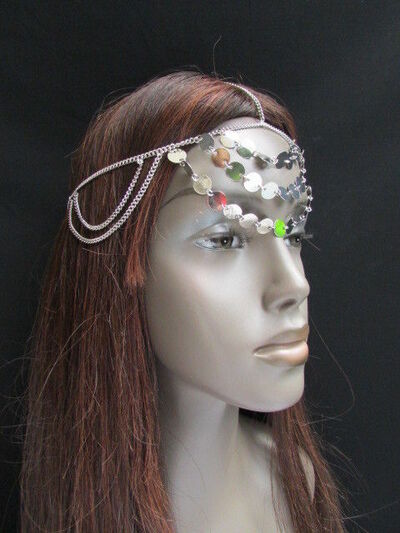 BLING WOMEN SILVER HEAD CHAIN FASHION JEWERLY SPARKL FRONT CIRCLES BELLY DANCE