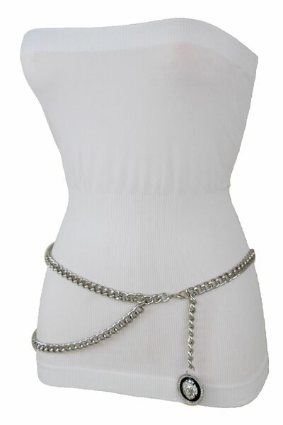 Women Belt Hip High Waist Silver Color Metal Chain Lion Charm Buckle M L XL