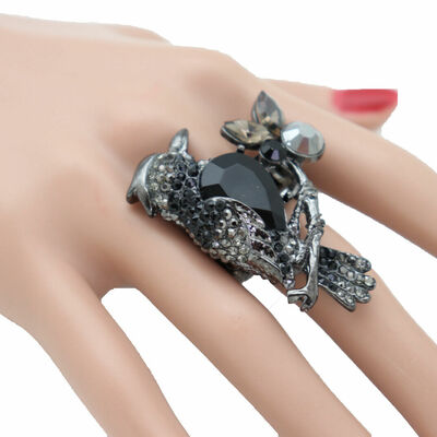 Women black metal ring fashion stretch band one size jewelry bird
