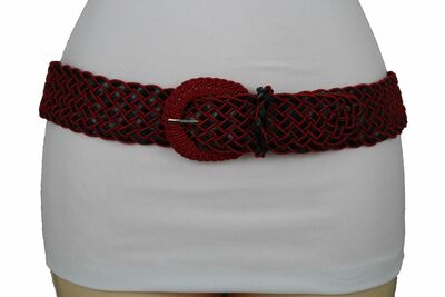 Casual Women Fashion Belt Black Red Fabric Braided Waistband Classic Buckle S M