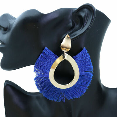 Women earrings gold metal water drop cobalt blue fabric tassel fringes