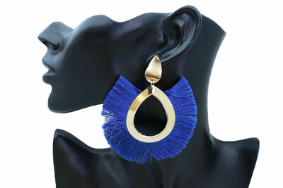 Women Earrings Gold Metal Water Drop Cobalt Blue Fabric Tassel Fringes