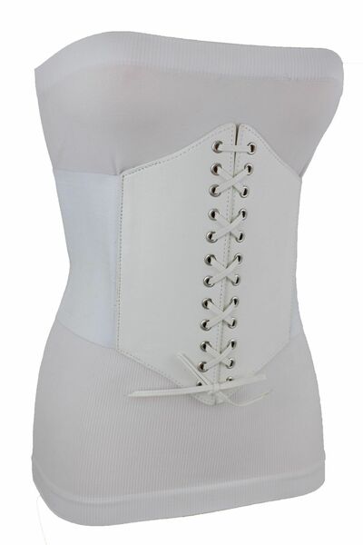 Women Elastic Faux Leather Winter White High Waist Corset Belt Wide M L XL
