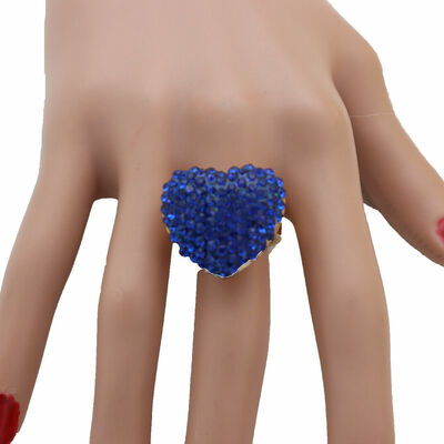 Women gold color metal bling ring blue heart fashion jewelry love size 7.5
