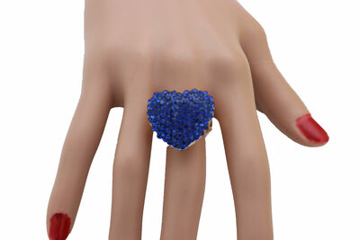 Women Gold Color Metal Bling Ring Blue Heart Fashion Jewelry Love Size 7.5