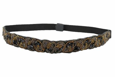 Women Hip Waist Casual Fashion Belt Grey Elastic Band Filigree Beads S M