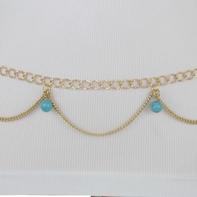 Women gold metal chain waves fashion belt ball charm turquoise blue xs s m