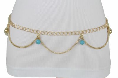 Women Gold Metal Chain Waves Fashion Belt Ball Charm Turquoise Blue XS S M