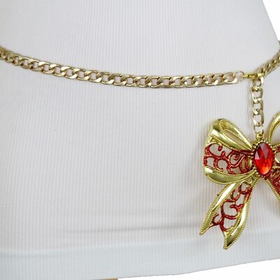 Women waist hip gold metal chain big red bow tie present buckle belt xs s m