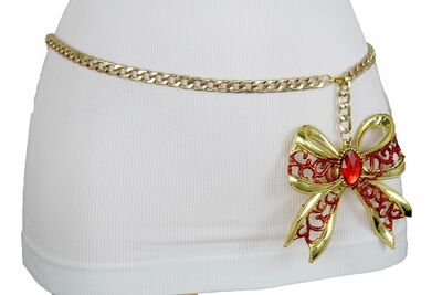Women Waist Hip Gold Metal Chain Big Red Bow Tie Present Buckle Belt XS S M
