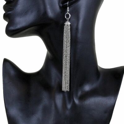 Edgy women fashion jewelry bling earrings silver metal chain long fringes tassel