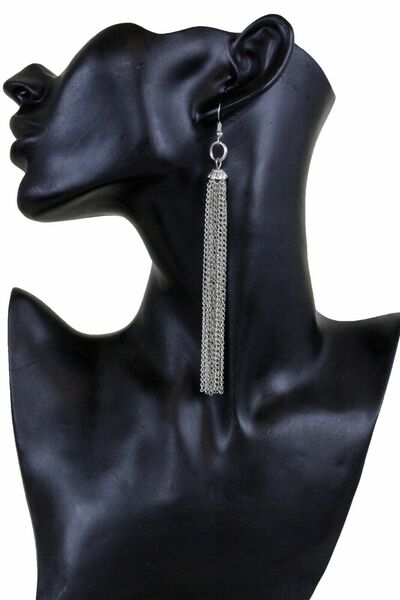 Edgy Women Fashion Jewelry Bling Earrings Silver Metal Chain Long Fringes Tassel