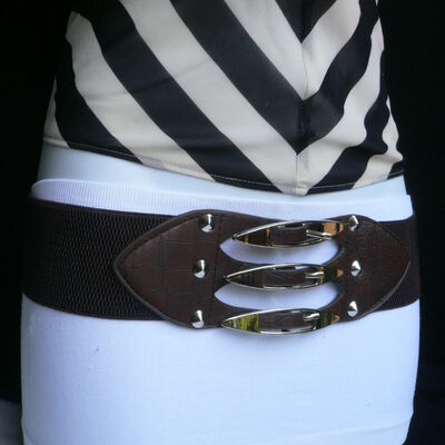 Elegant style women hip waist brown faux leather belt 3 silver buckles size m l