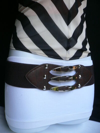 ELEGANT STYLE WOMEN HIP WAIST BROWN FAUX LEATHER BELT 3 SILVER BUCKLES SIZE M L