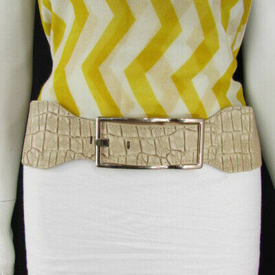 Women black beige brown elastic faux leather belt gold metal buckle size m l