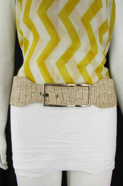 Women Black Beige Brown Elastic Faux Leather Belt Gold Metal Buckle Size M L