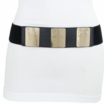 Women black elastic fabric band fashion belt gold metal cross charm size s m