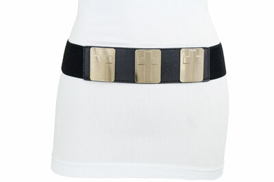 Women Black Elastic Fabric Band Fashion Belt Gold Metal Cross Charm Size S M