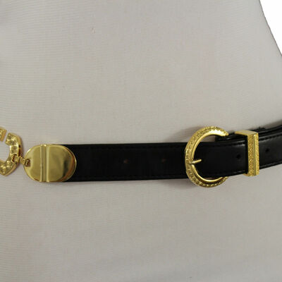Women black fabric fashion narrow belt gold metal side charms c buckle s m l