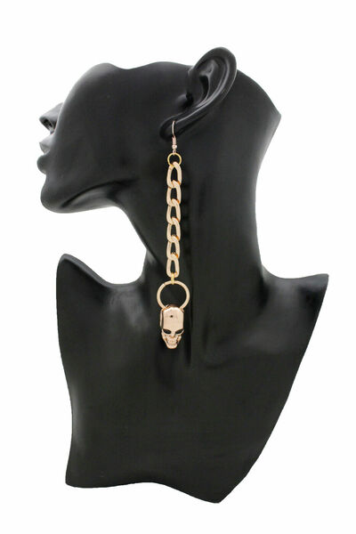 Women Earrings Gold Metal Chain Hook Skeleton Skull Charm Halloween Style