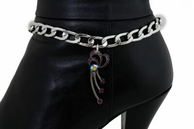 Western Women Silver Metal Chain Bracelet Boot Purple Flower Shoe Charm