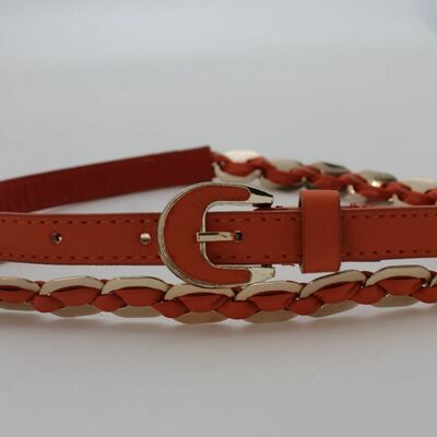 Women gold metal links buckle orange fabric narrow waistband skinny belt s m