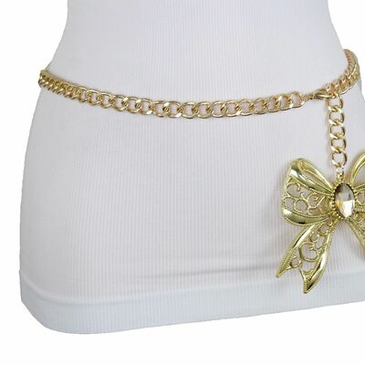 Women hip high waist belt gold metal chain gift bow tie ribbon buckle m l xl