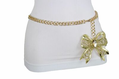 Women Hip High Waist Belt Gold Metal Chain Gift Bow Tie Ribbon Buckle M L XL