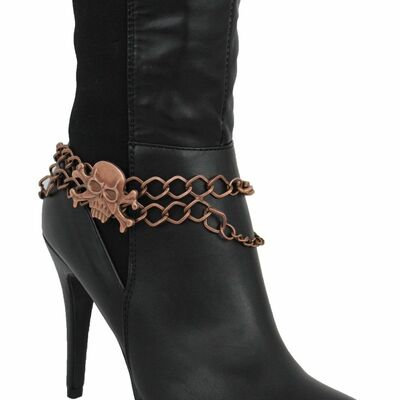 Women antique gold boot chain strap skeleton skull western shoe big charm look